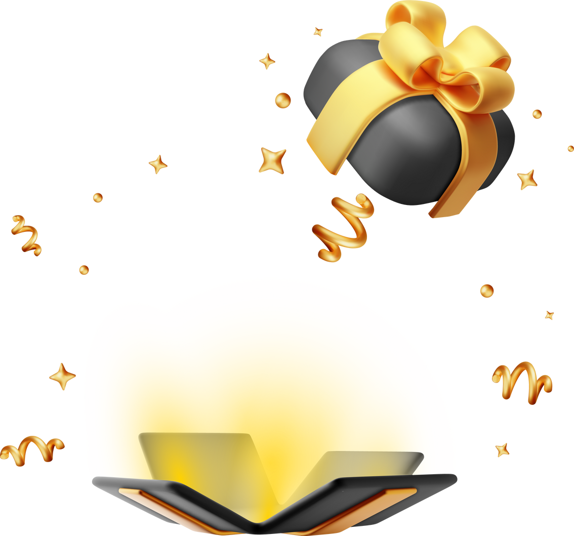 3D Open Gift Box with Golden Confetti.